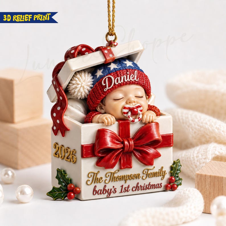 Personalized 3D Relief Baby's 1st Christmas Sleigh Ornament, Newborn Keepsake, Baby Boy Ornament, Baby First Christmas Gift