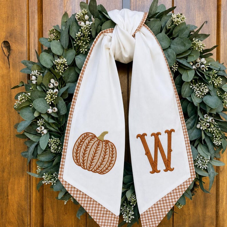 Fall Monogram Wreath Sash, Embroidered Pumpkin Door Decor, Custom Initial Autumn Thanksgiving Ribbon
