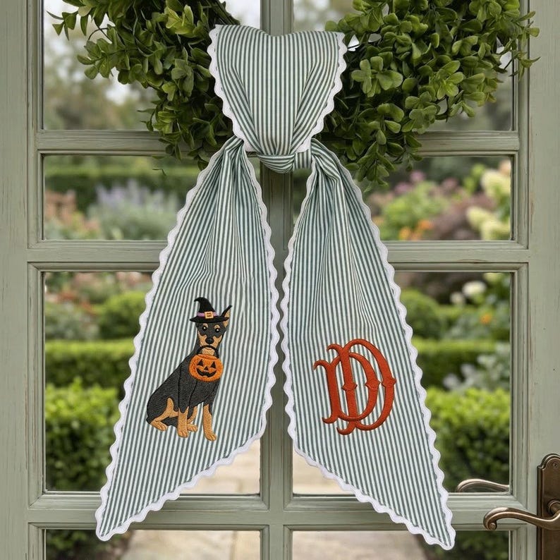 Halloween Wreath Sash, Monogram Doberman Dog Embroidery, Fall Front Door Decor, Custom Witch Dog Ribbon