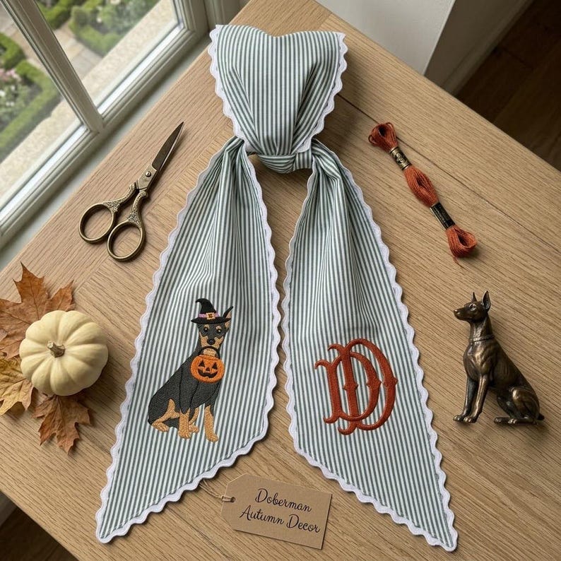 Halloween Wreath Sash, Monogram Doberman Dog Embroidery, Fall Front Door Decor, Custom Witch Dog Ribbon