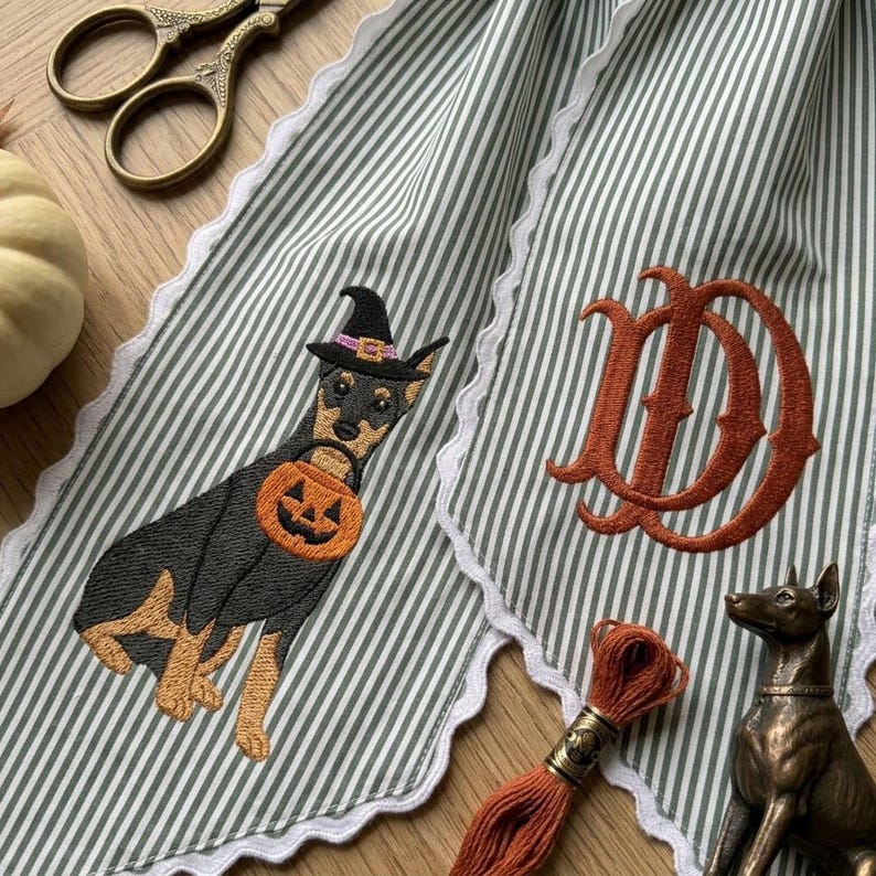 Halloween Wreath Sash, Monogram Doberman Dog Embroidery, Fall Front Door Decor, Custom Witch Dog Ribbon