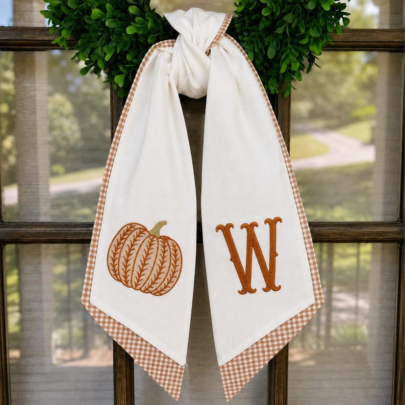 Fall Monogram Wreath Sash, Embroidered Pumpkin Door Decor, Custom Initial Autumn Thanksgiving Ribbon