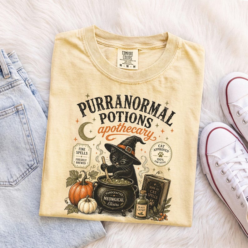 Comfort Colors® Halloween Black Cat Shirt, Spooky Season Kitty Tee, Vintage Halloween Fall T-Shirt, Retro Halloween Lover Gift