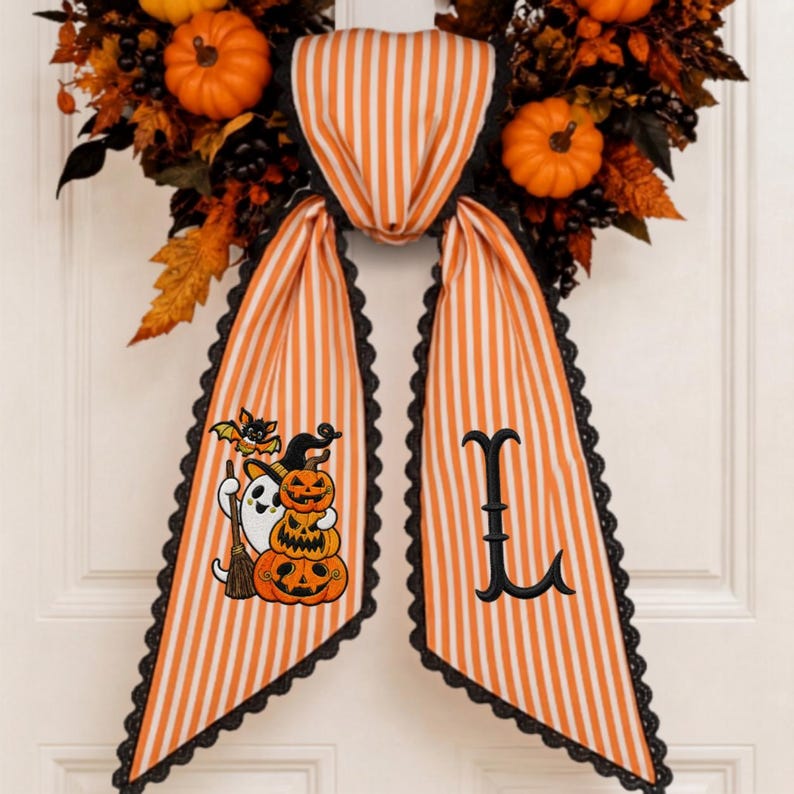 Personalized Halloween Wreath Sash, Embroidered Pumpkin Monogram Bow, Orange Gingham Fall Door Deco