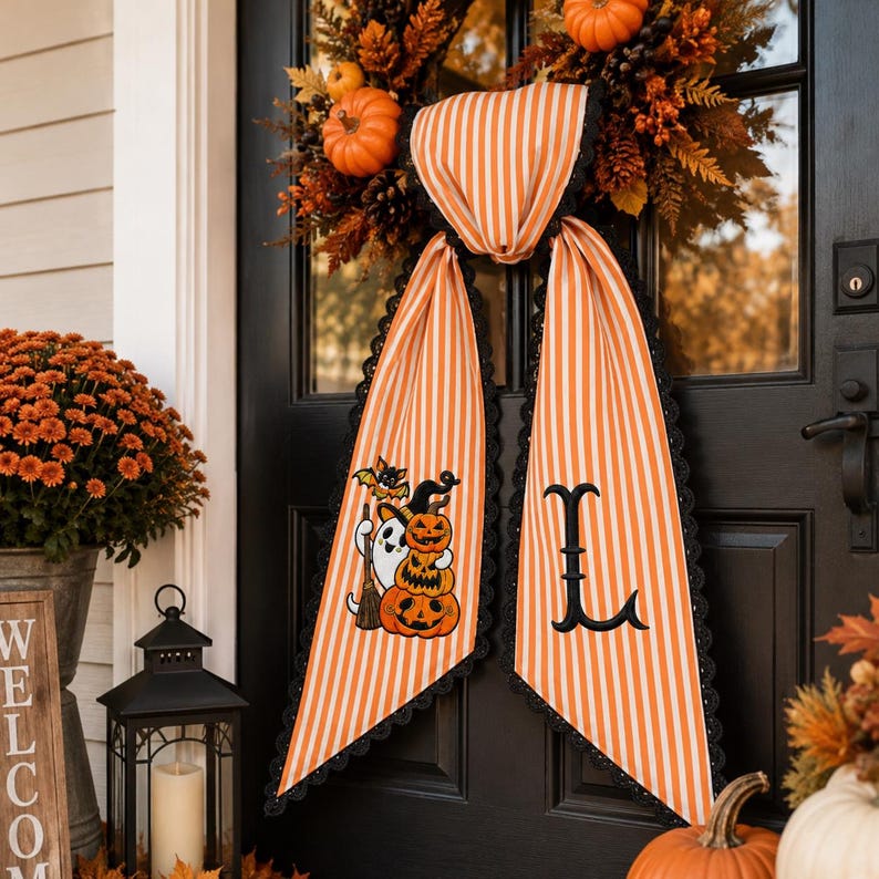 Personalized Halloween Wreath Sash, Embroidered Pumpkin Monogram Bow, Orange Gingham Fall Door Deco