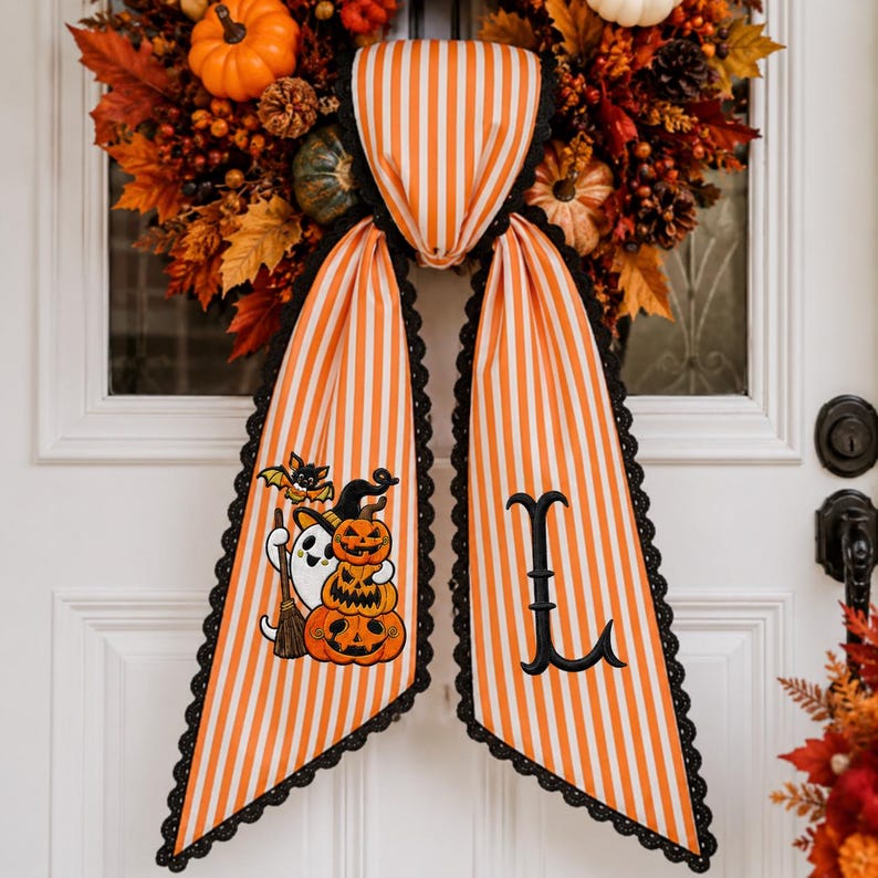 Personalized Halloween Wreath Sash, Embroidered Pumpkin Monogram Bow, Orange Gingham Fall Door Deco