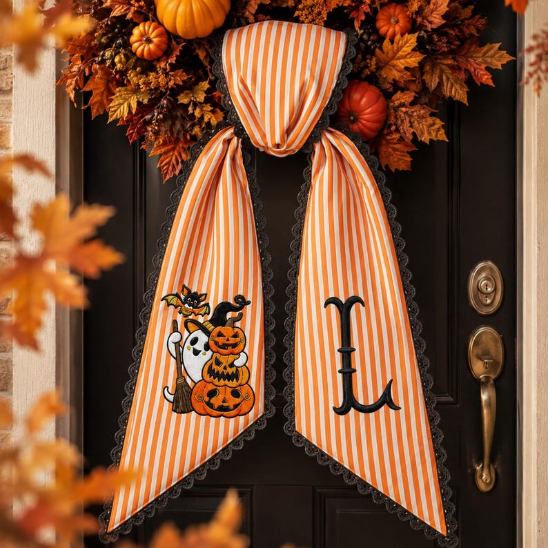 Personalized Halloween Wreath Sash, Embroidered Pumpkin Monogram Bow, Orange Gingham Fall Door Deco