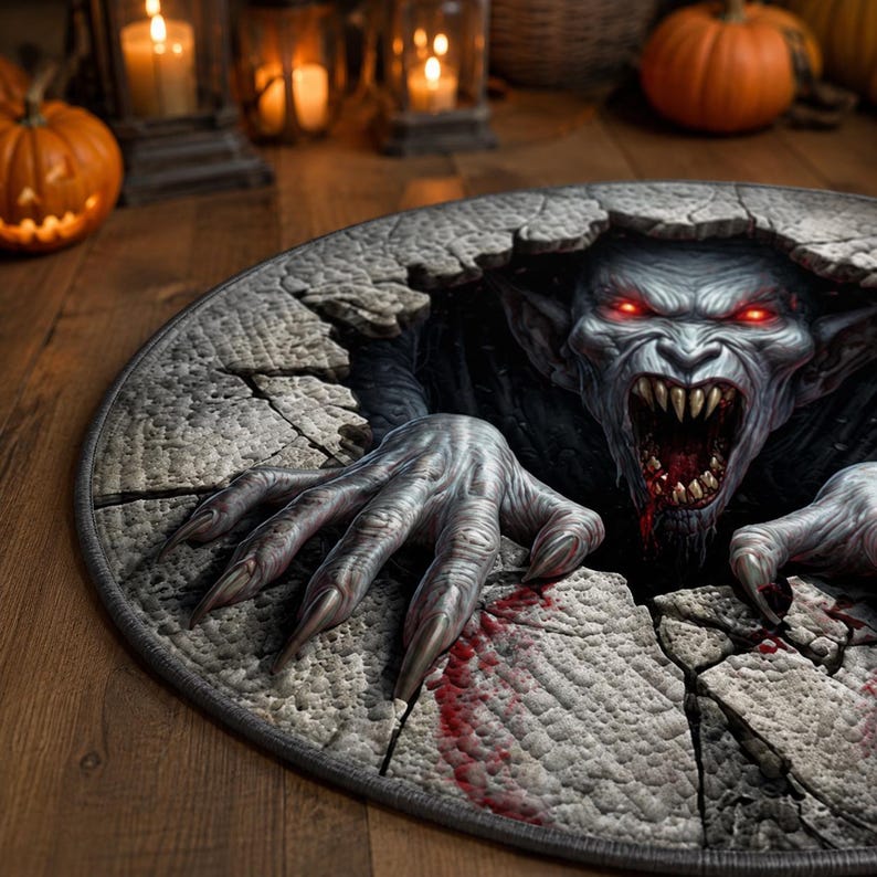 Vampire 3D Illusion Rug, Halloween Monster Round Rug, Creepy Demon Floor Mat, Horror Gothic Area Carpet