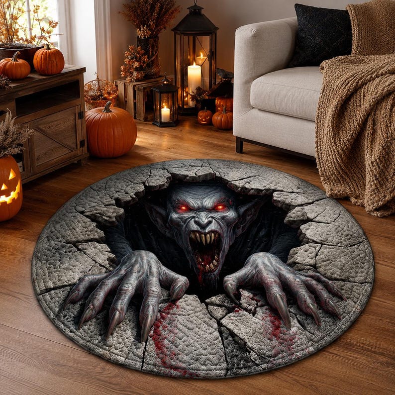 Vampire 3D Illusion Rug, Halloween Monster Round Rug, Creepy Demon Floor Mat, Horror Gothic Area Carpet