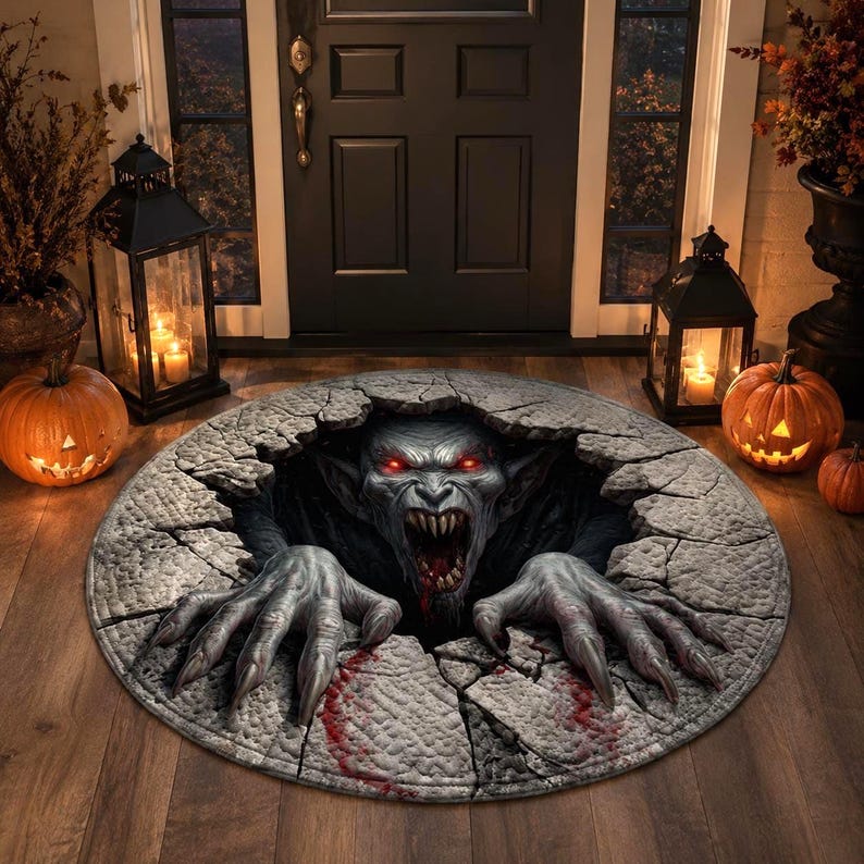 Vampire 3D Illusion Rug, Halloween Monster Round Rug, Creepy Demon Floor Mat, Horror Gothic Area Carpet