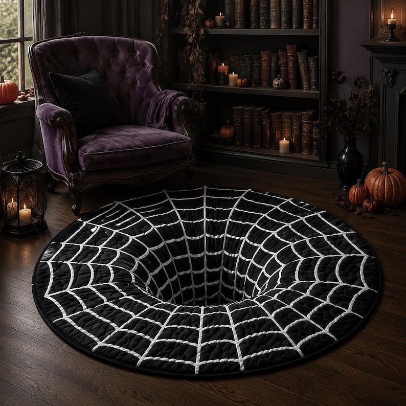 Spider 3D Illusion Round Rug, Halloween Black White Area Carpet, Spooky Web Tunnel Floor Mat, Gothic Halloween Decor