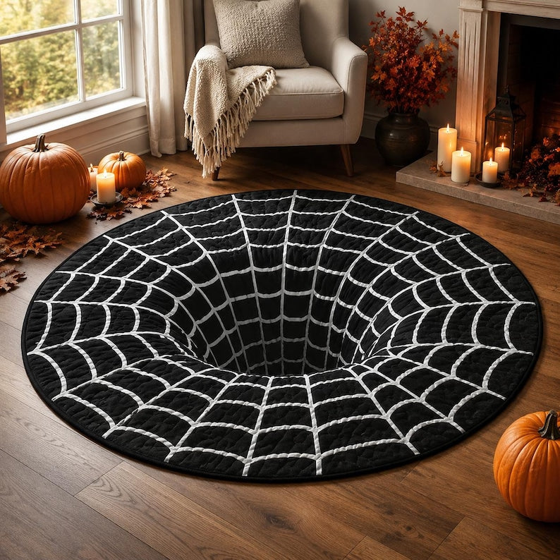 Spider 3D Illusion Round Rug, Halloween Black White Area Carpet, Spooky Web Tunnel Floor Mat, Gothic Halloween Decor