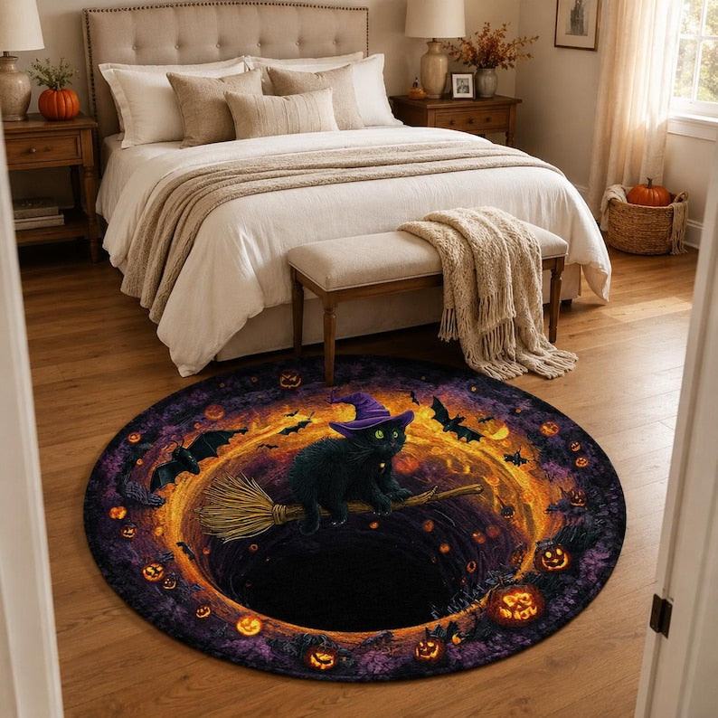 Spider 3D Illusion Round Rug, Halloween Black White Area Carpet, Spooky Web Tunnel Floor Mat, Gothic Halloween Decor