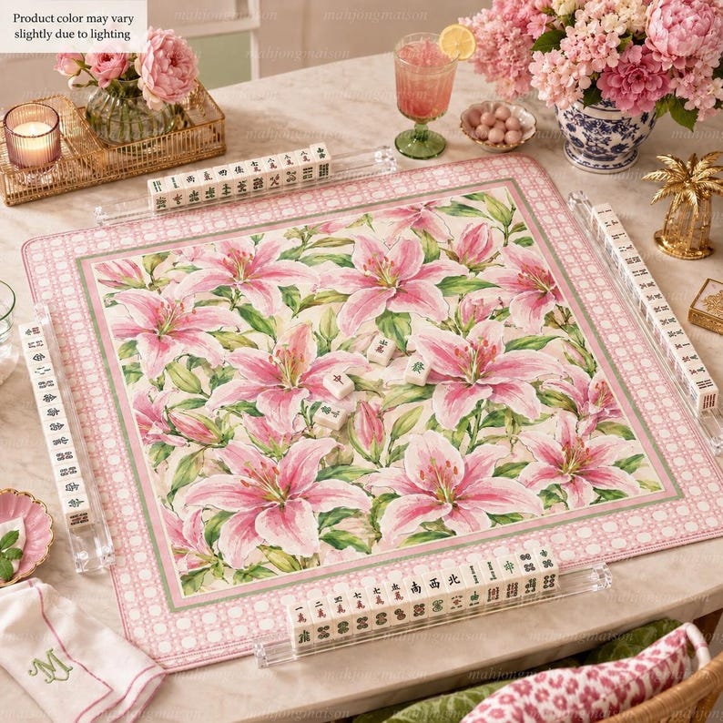 Floral Mahjong Mat, Pink Lily Table Cover, Elegant Cane Pattern Game Pad, Non-Slip Tabletop Accessory, Home Decor Gift