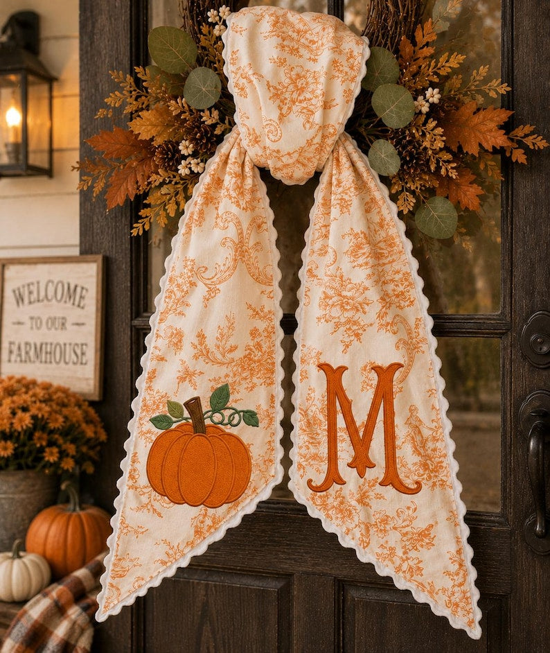 Personalized Pumpkin Monogram Orange Toile Sash, Fall Embroidered Wreath Sash, Custom Initial Farmhouse Wreath Bow
