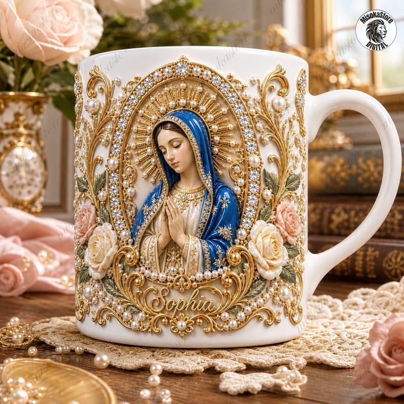 Personalized Virgin Mary Mug, Praying Madonna Design, Custom Pearl Rosary Coffee Mug, Elegant Faith Gift, Catholic Name