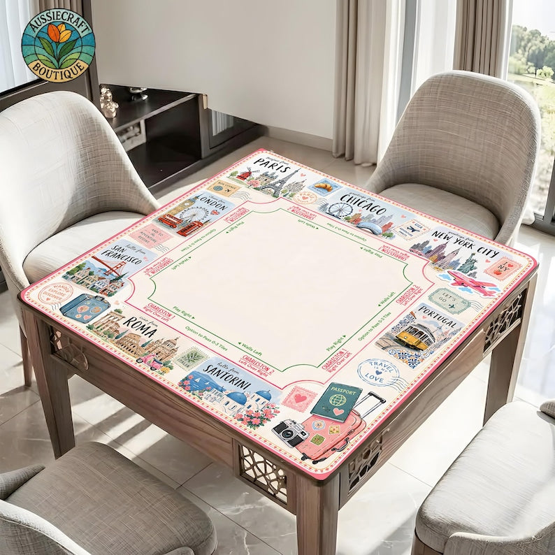 Travel Mahjong Mat, Paris London NYC Game Cover, Pink Passport Girls Trip