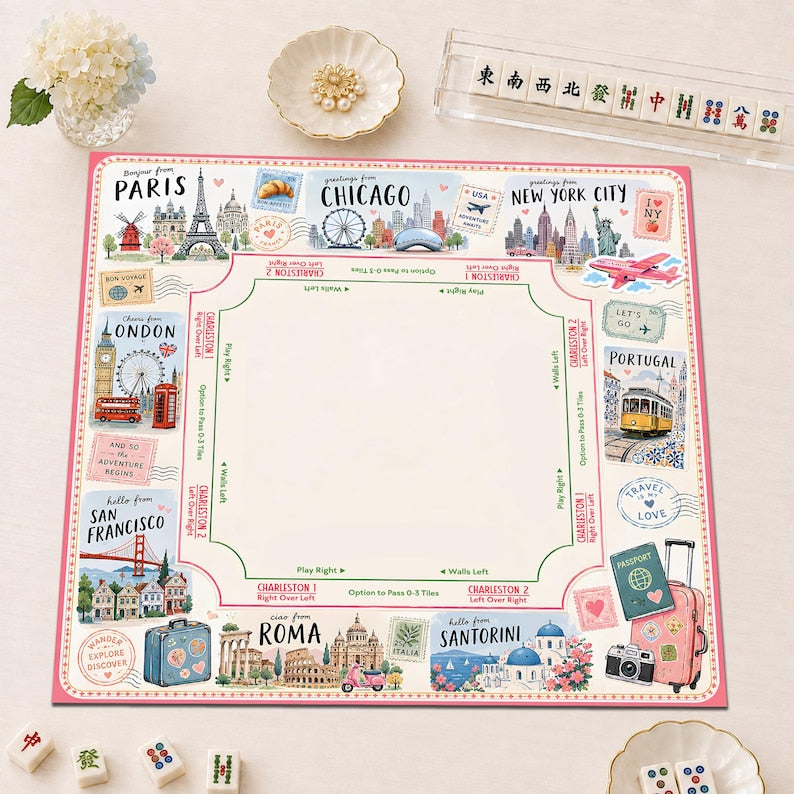 Travel Mahjong Mat, Paris London NYC Game Cover, Pink Passport Girls Trip