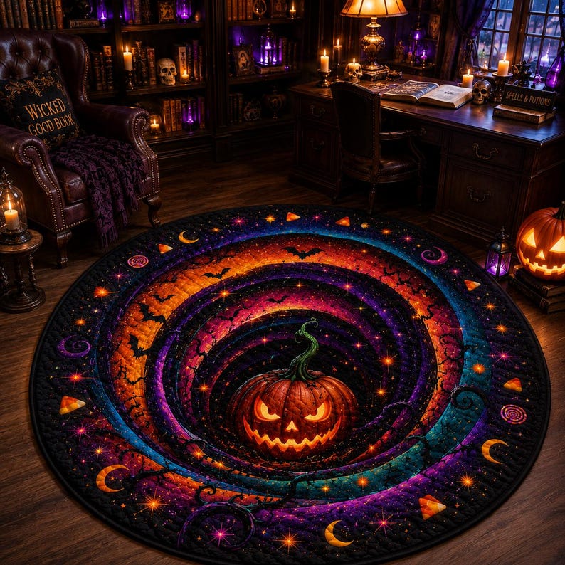 Round Quilted Halloween Rug Pumpkin Vortex 3D Illusion Gothic Witchy Decor