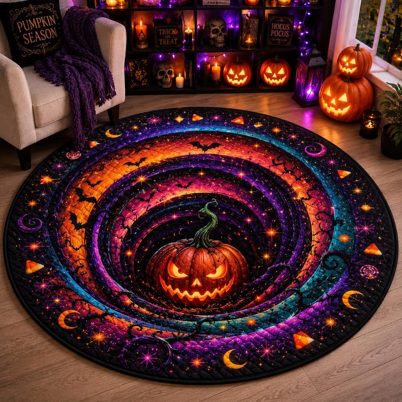 Round Quilted Halloween Rug Pumpkin Vortex 3D Illusion Gothic Witchy Decor