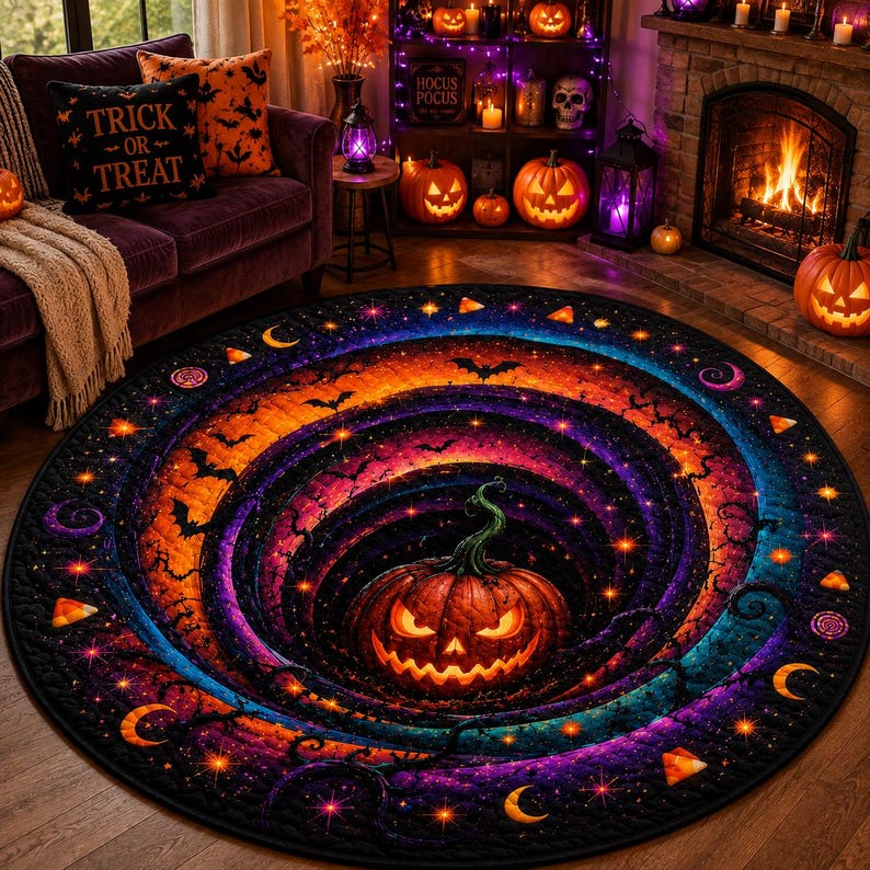 Round Quilted Halloween Rug Pumpkin Vortex 3D Illusion Gothic Witchy Decor