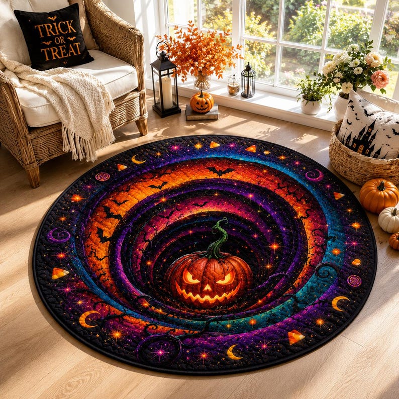 Round Quilted Halloween Rug Pumpkin Vortex 3D Illusion Gothic Witchy Decor