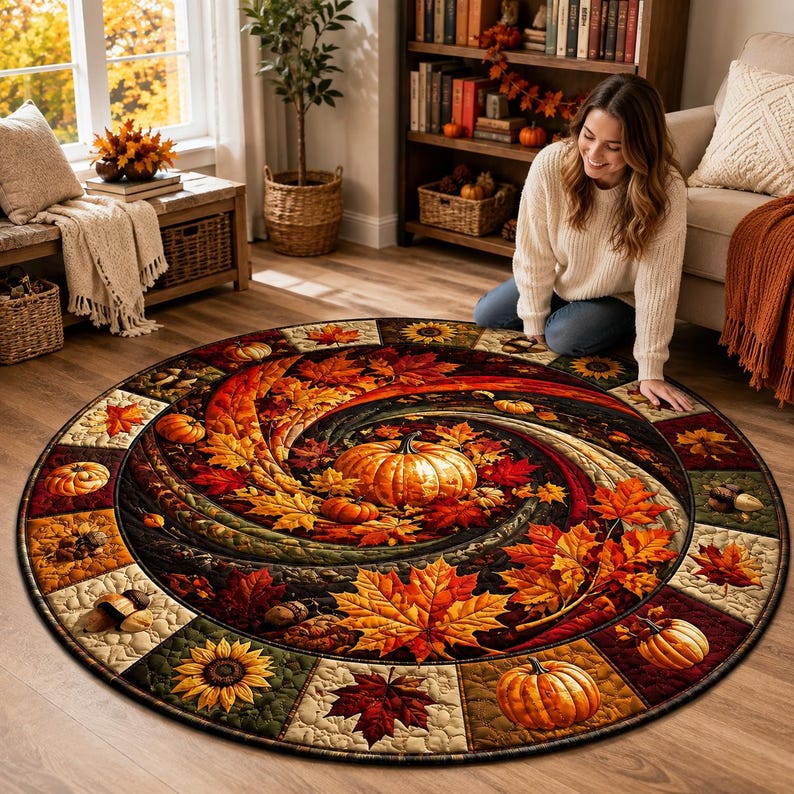 Quilted Autumn Pumpkin Maple Leaf Round Rug Harvest Floor Decor