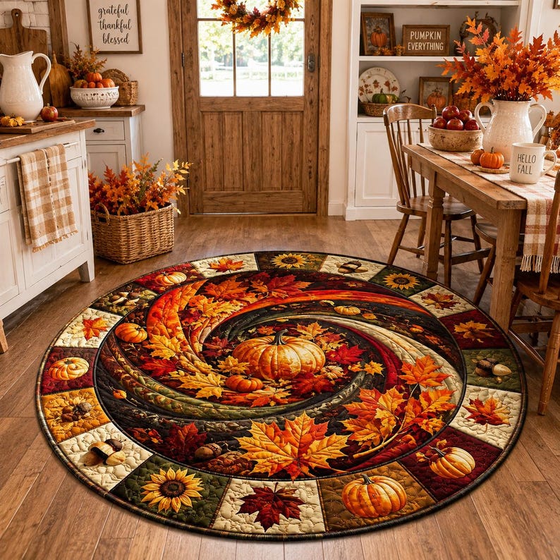 Quilted Autumn Pumpkin Maple Leaf Round Rug Harvest Floor Decor