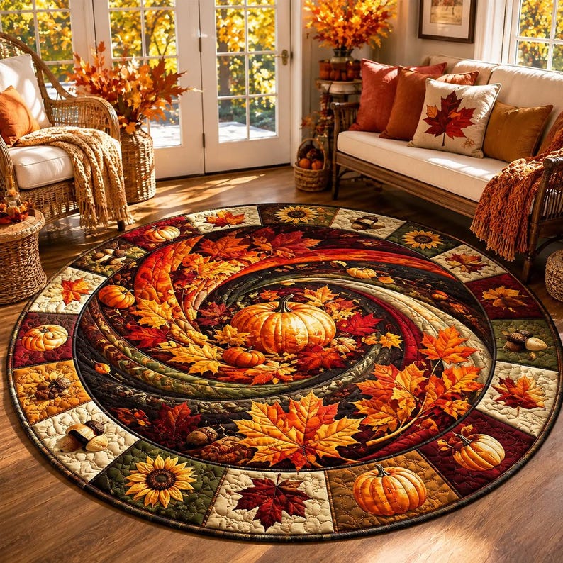 Quilted Autumn Pumpkin Maple Leaf Round Rug Harvest Floor Decor