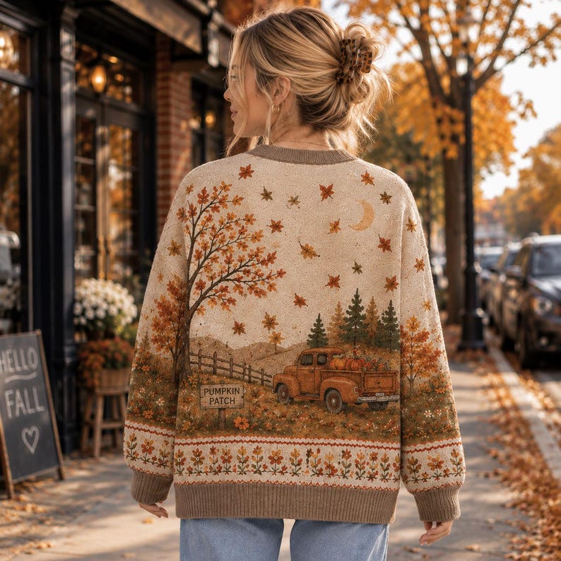 Fall Cottage Cardigan Pumpkin Truck Autumn Leaves Cozy Knit Sweater