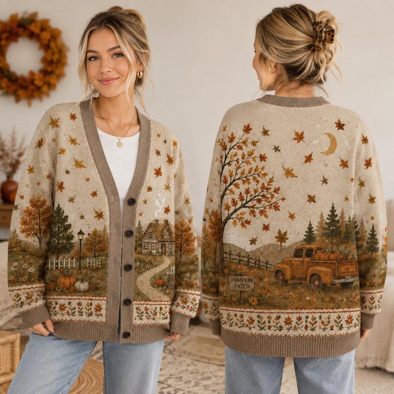 Fall Cottage Cardigan Pumpkin Truck Autumn Leaves Cozy Knit Sweater
