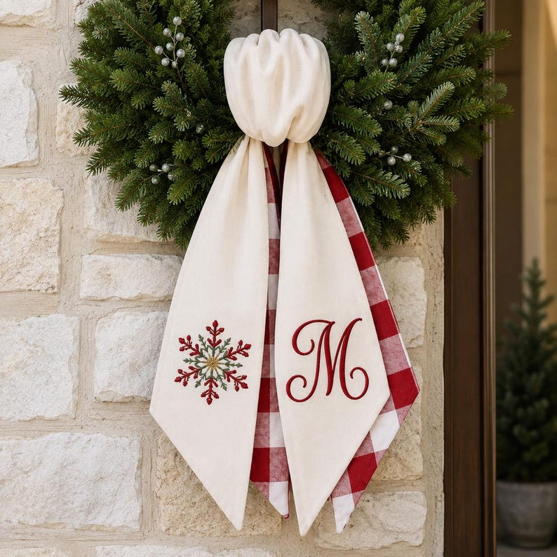 Personalized Christmas Wreath Sash, Custom Embroidered Monogram, Buffalo Check Door Ribbon, Farmhouse Holiday Decor