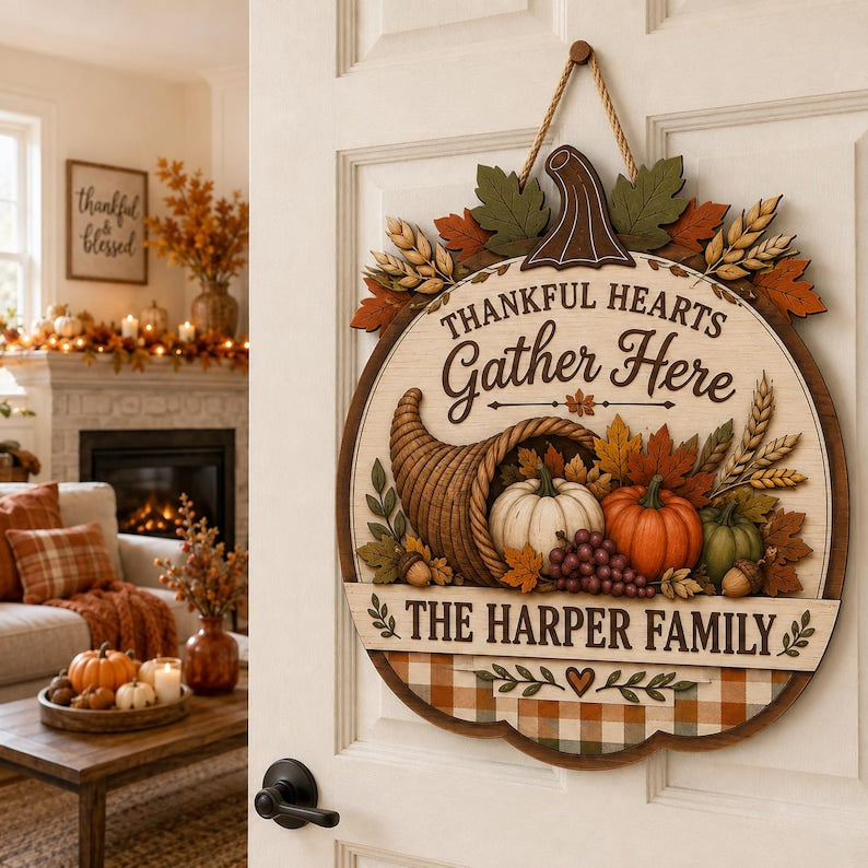 Personalized Thanksgiving Door Sign, Thankful Hearts Gather Here Wooden Sign, Football Pumpkin Autumn Front Door Decor