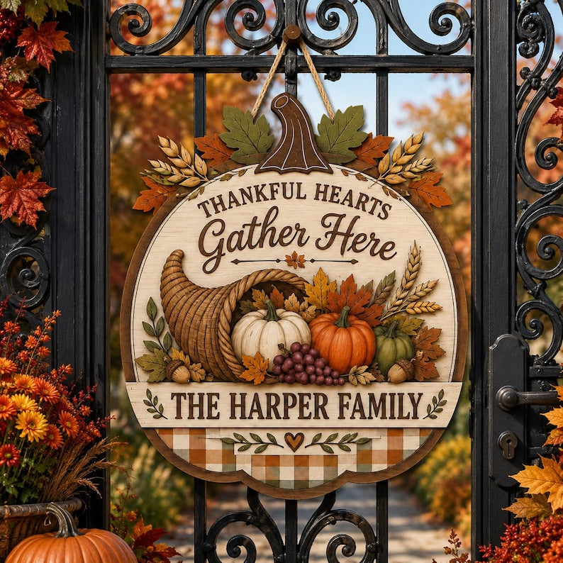 Personalized Thanksgiving Door Sign, Thankful Hearts Gather Here Wooden Sign, Football Pumpkin Autumn Front Door Decor