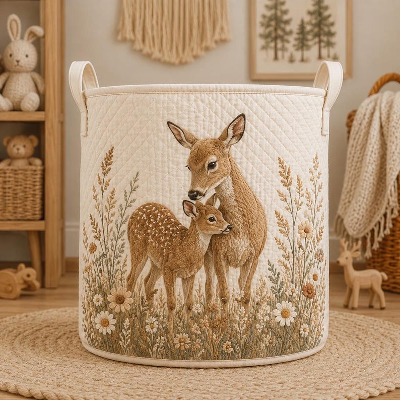 Woodland Deer Laundry Basket, Fawn Nursery Storage Bin, Baby Shower Gift, Forest Animal Toy Hamper, Boho Nursery Decor