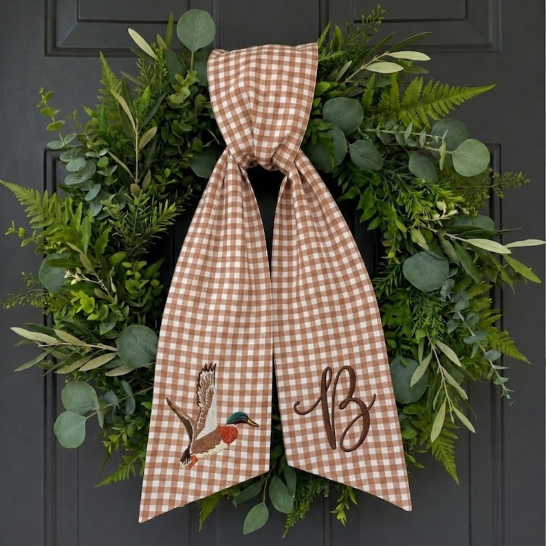 Embroidered Mallard Duck Gingham Wreath Sash, Personalized Monogram Stripe Door Bow, Home Decor, Hunting Wreath Sash