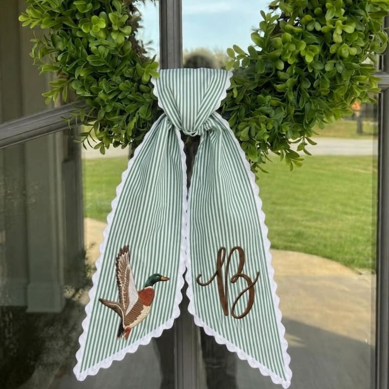 Embroidered Mallard Duck Gingham Wreath Sash, Personalized Monogram Stripe Door Bow, Home Decor, Hunting Wreath Sash