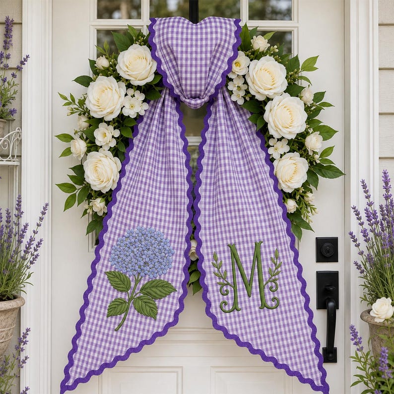 Personalized Hydrangea Wreath Sash, Blue Gingham Monogram Door Decor, Embroidered Initial Wreath Accessory