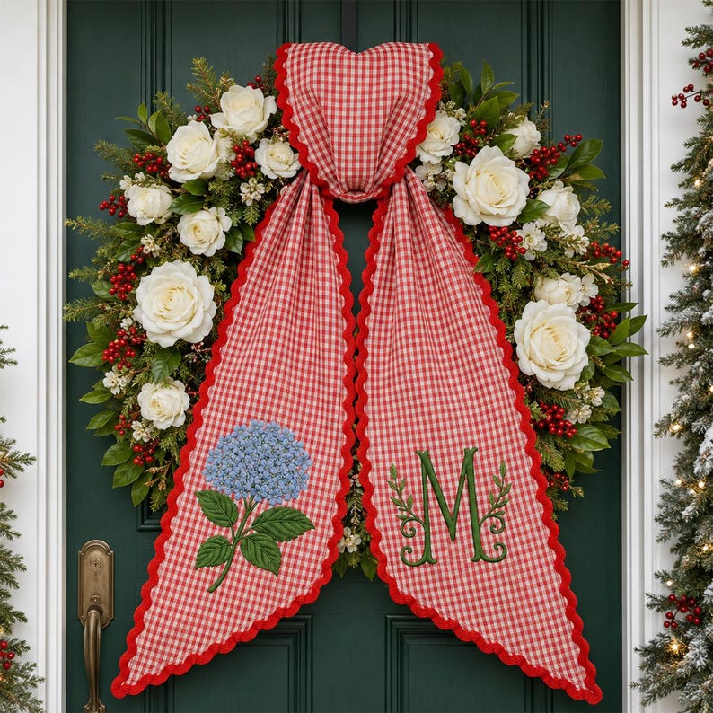 Personalized Hydrangea Wreath Sash, Blue Gingham Monogram Door Decor, Embroidered Initial Wreath Accessory