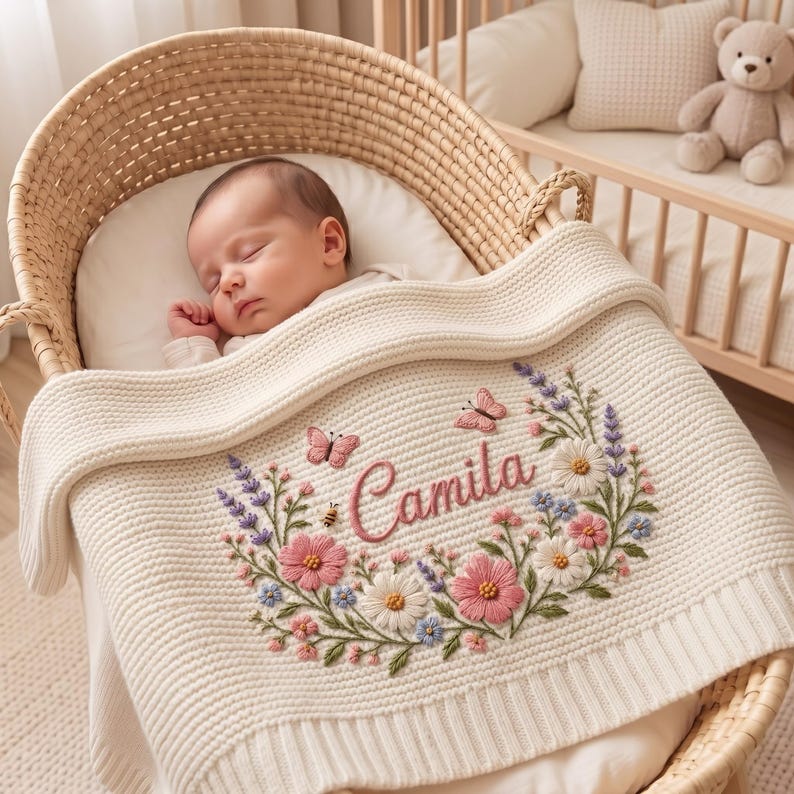 Personalized Knit Wildflower Baby Blanket Name, Custom Embroidered Butterfly Baby Shower Gift, Gift for Baby Girl