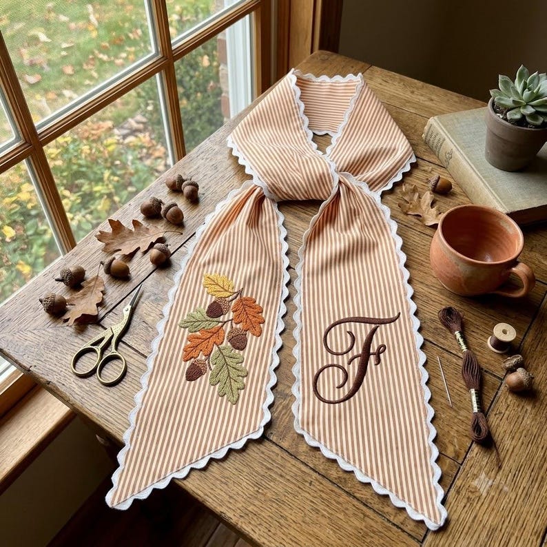 Embroidered Acorn Wreath Sash, Monogram Fall Ribbon, Custom Autumn Door Decor