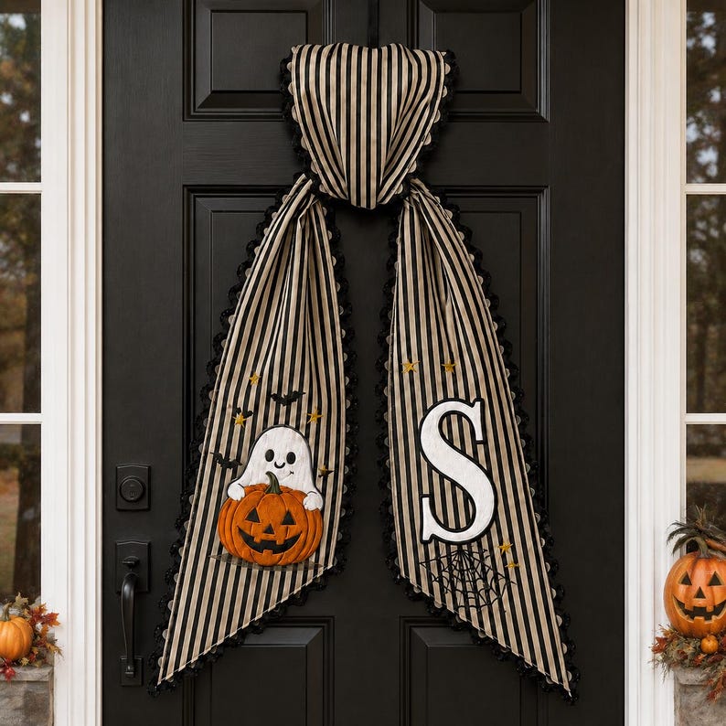 Personalized Ghost Wreath Sash, Custom Halloween Door Bow, Embroidered Monogram Wreath Bow