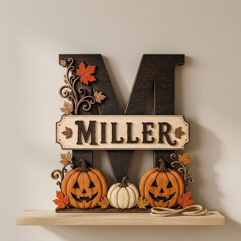Personalized Halloween Wooden Door Sign, Custom Family Name Pumpkin Monogram Sign, Rustic Fall Front Door Hanger