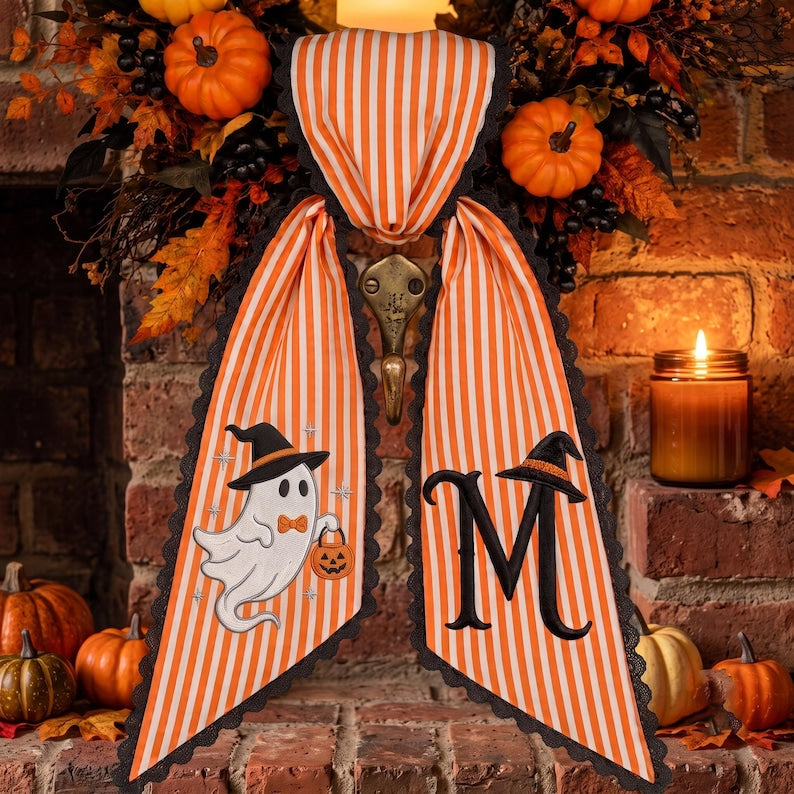 Custom Embroidery Halloween Witch Ghost Sash, Embroidery Monogram Spooky Bow, Custom Name Gingham Ribbon