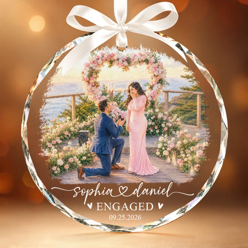 Custom Engagement Photo Ornament, First Christmas Engaged 2026 Glass Ornament, Watercolor Picture Couple Keepsake