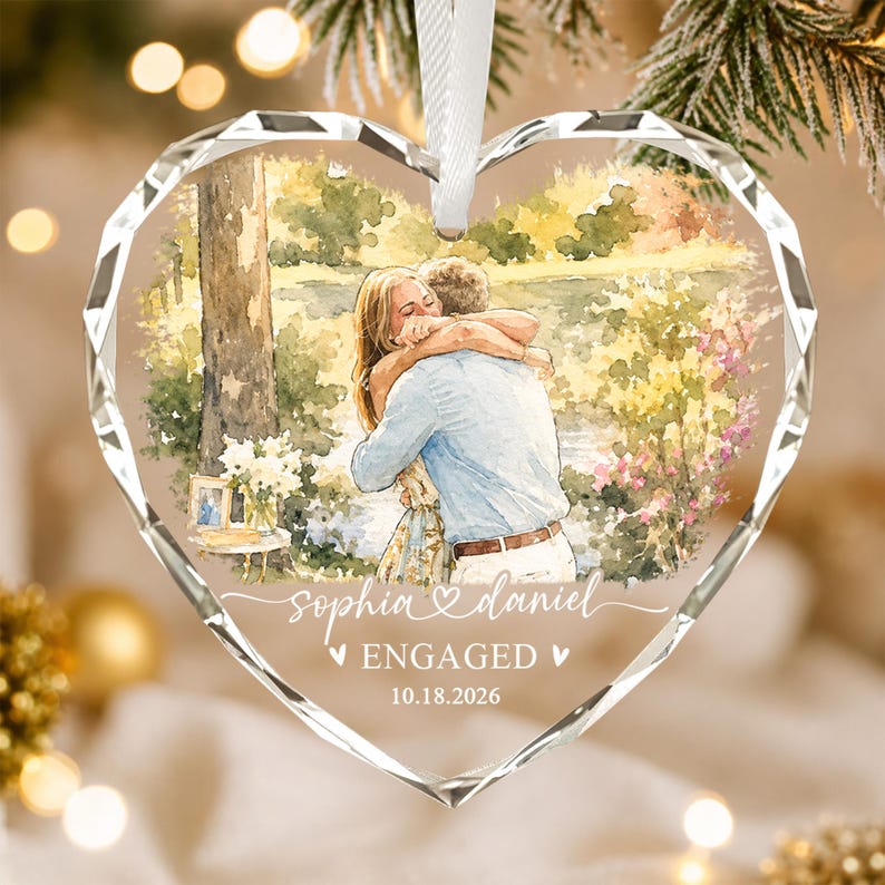 Custom Engagement Photo Ornament, First Christmas Engaged 2026 Glass Ornament, Watercolor Picture Couple Keepsake