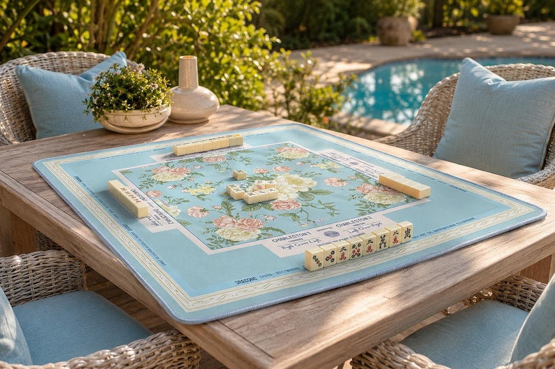 Mahjong Mat Floral Blue Mahjong Table Mat American Mahjong Game Mat Chinoiserie Style Game Night Decor