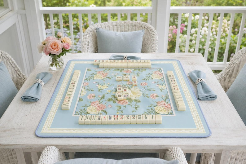 Mahjong Mat Floral Blue Mahjong Table Mat American Mahjong Game Mat Chinoiserie Style Game Night Decor