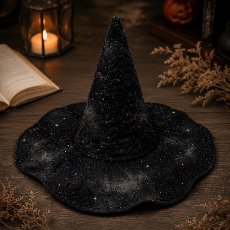 Personalized Witch Hat, Custom Name Halloween Hat, Quilted Wide Brim Witch Costume, Black Gothic Wizard Hat
