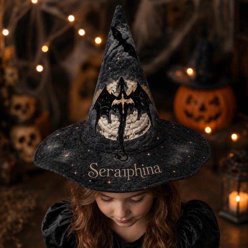 Personalized Witch Hat, Custom Name Halloween Hat, Quilted Wide Brim Witch Costume, Black Gothic Wizard Hat